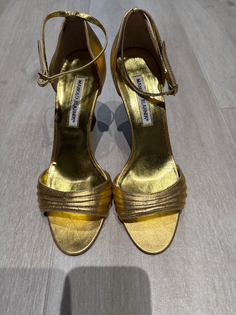 Manolo Blahnik, Metallic Gold Strappy Heels Size 8
